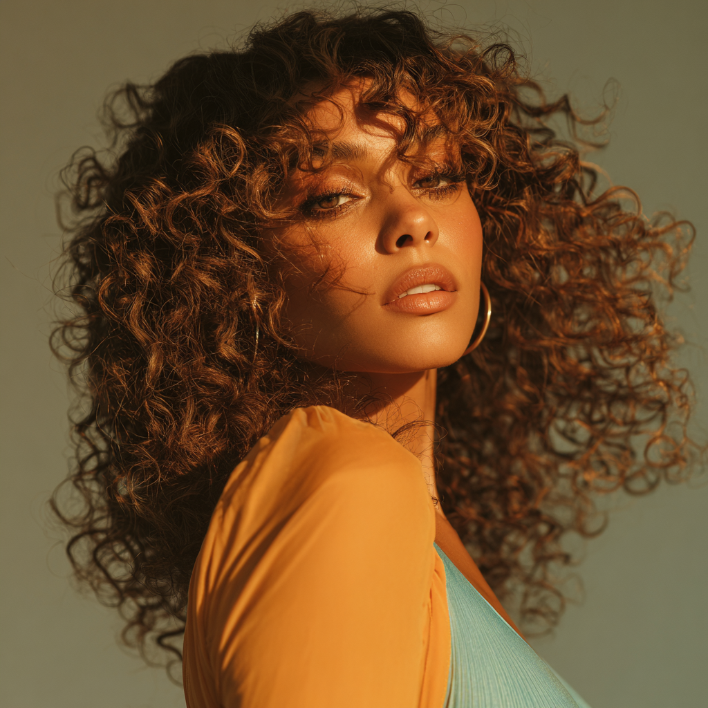 Solène — Italian Curl · Chestnut & Blonde Highlights · 150% Density · 16in